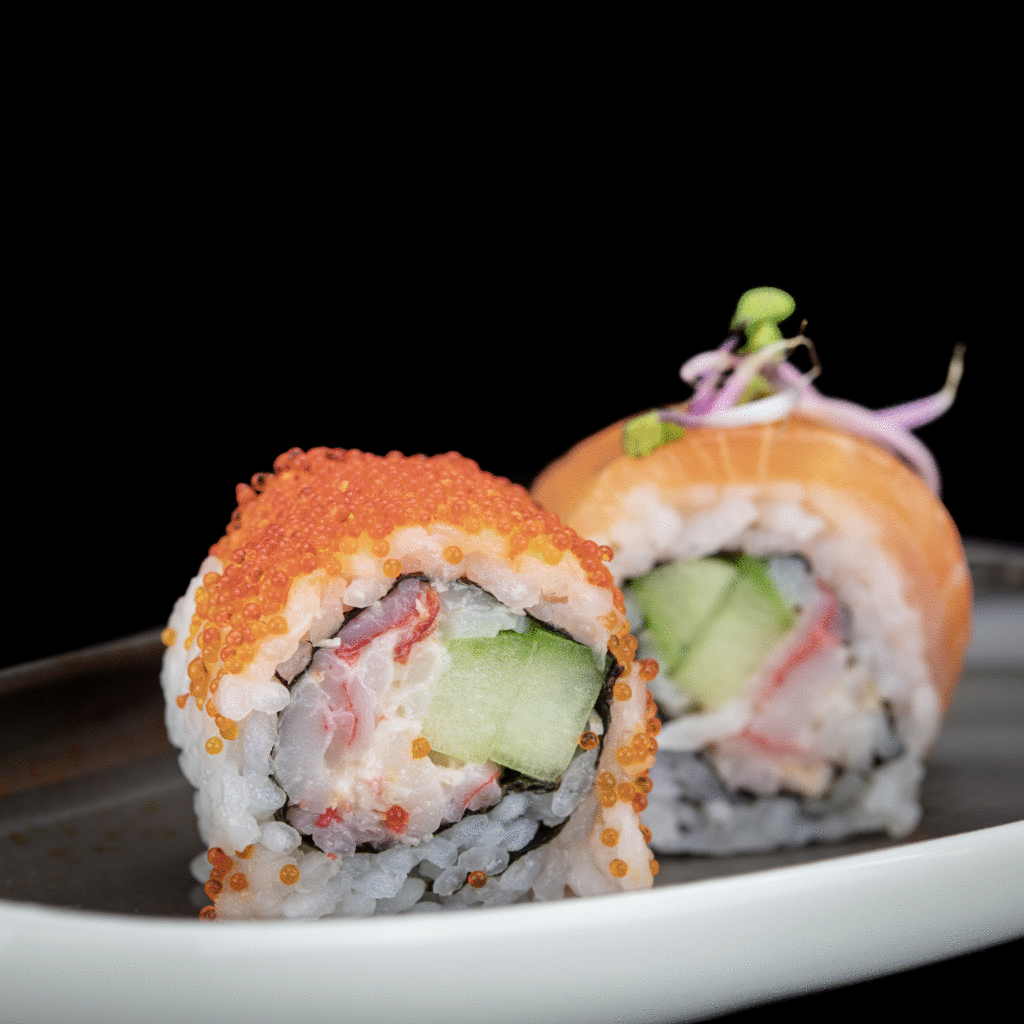 Sushi foll from Leonto Restaurant with cucumber, surimi and tobiko on top.
