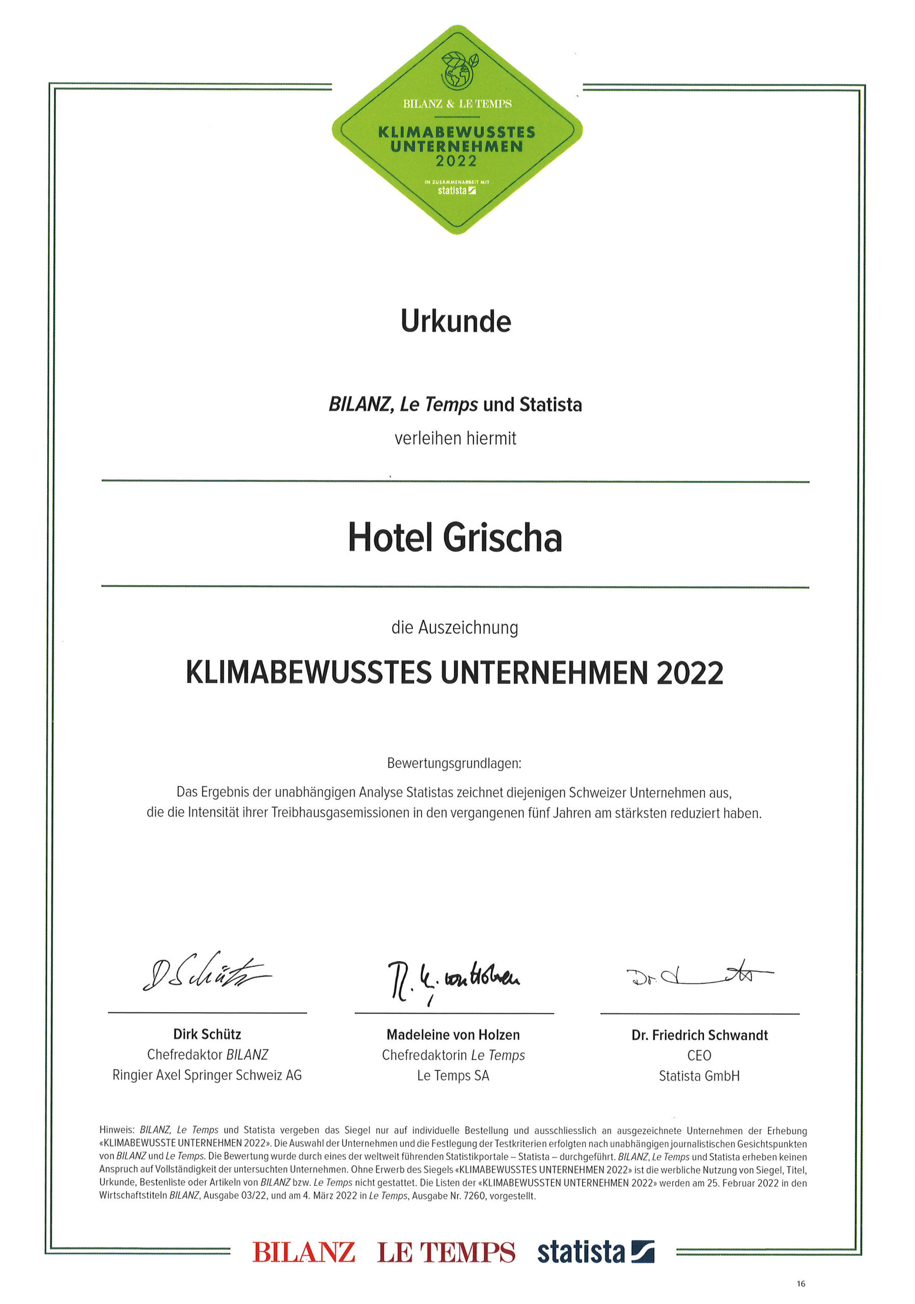 Urkunde klimabewusster Unternehmen in der Schweiz.