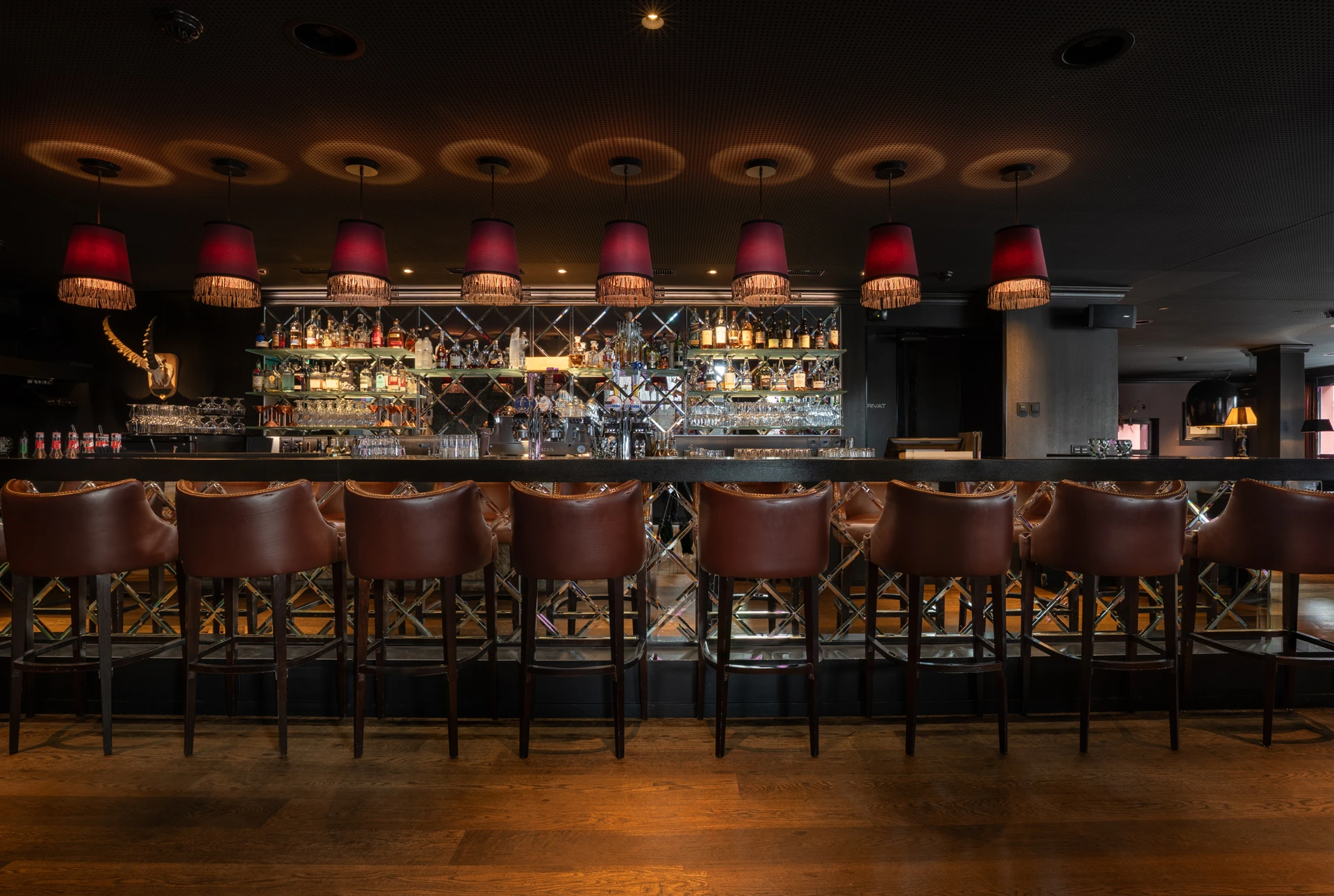 Frontansicht der modernen Hotelbar mit hochwertiger Getränkeauswahl, eleganten Barhockern und stimmungsvoller Beleuchtung im Hotel Grischa.