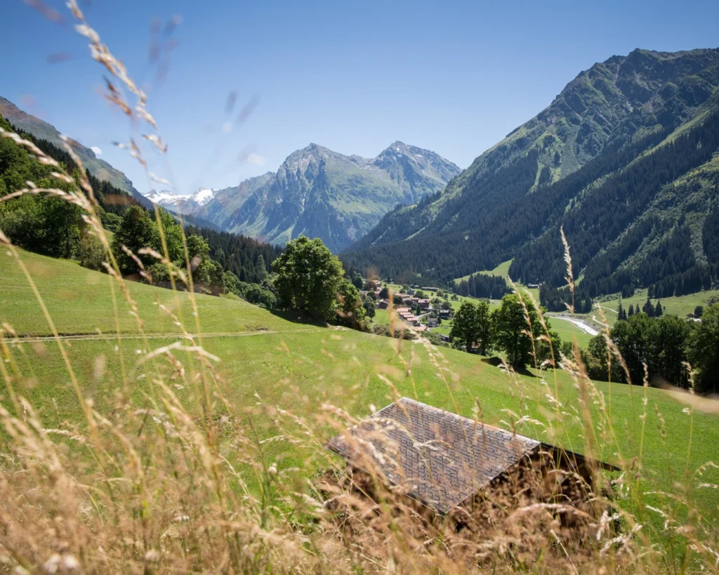 Blick über Bergwiesen und einen Heustall ins Tal bei Davos