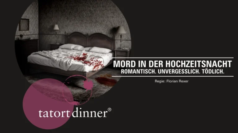 Plakat Tatort-Dinner „Mord in der Hochzeitsnacht“ mit blutbeflecktem Hotelbett