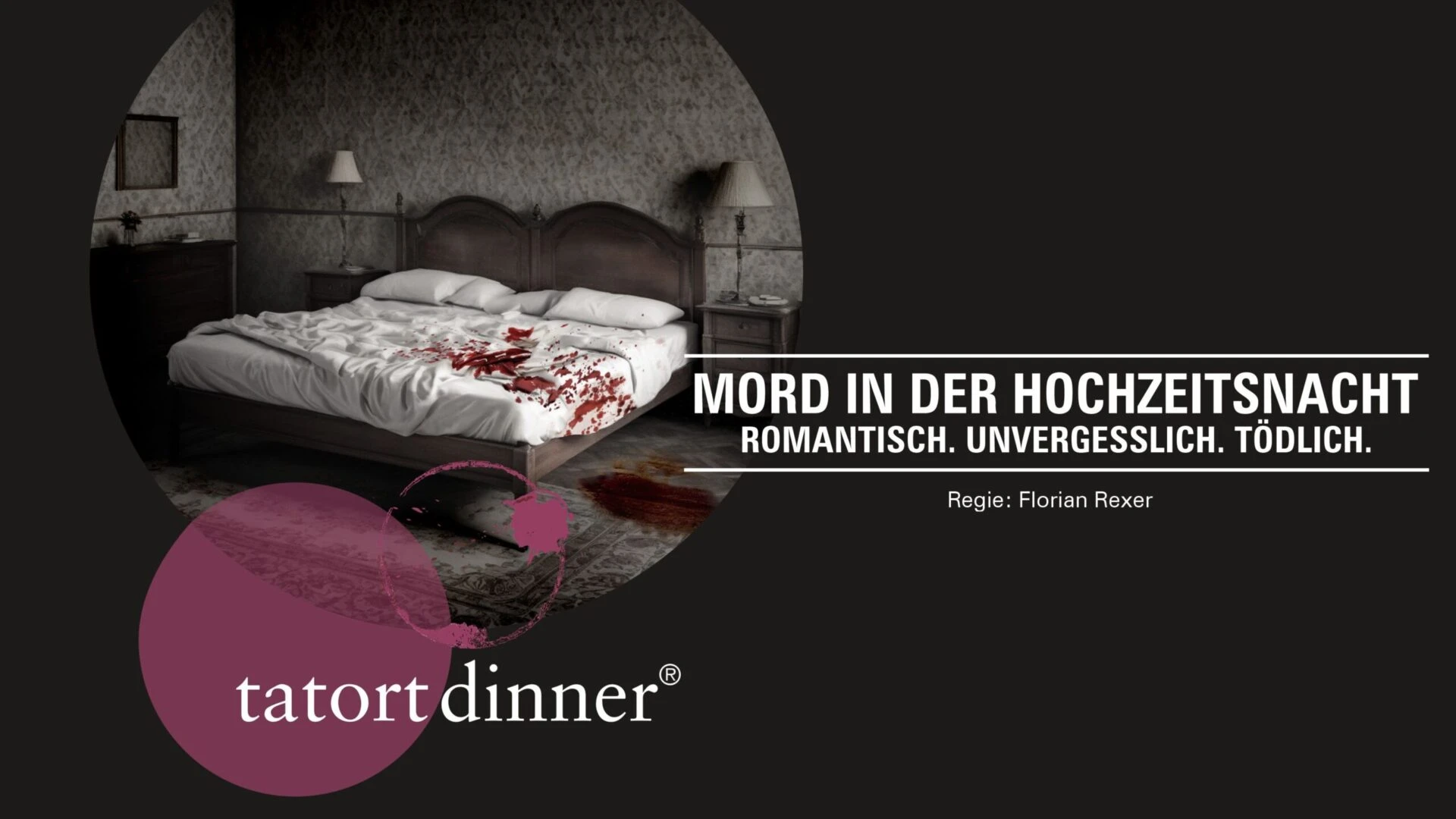 Plakat Tatort-Dinner „Mord in der Hochzeitsnacht“ mit blutbeflecktem Hotelbett