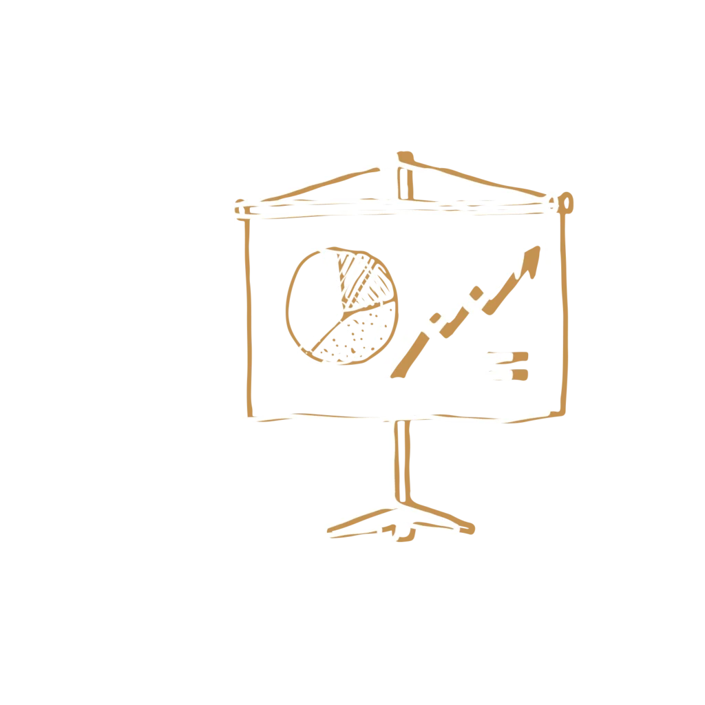 Icon Arbeiten: Flipchart mit Diagramm und Pfeil