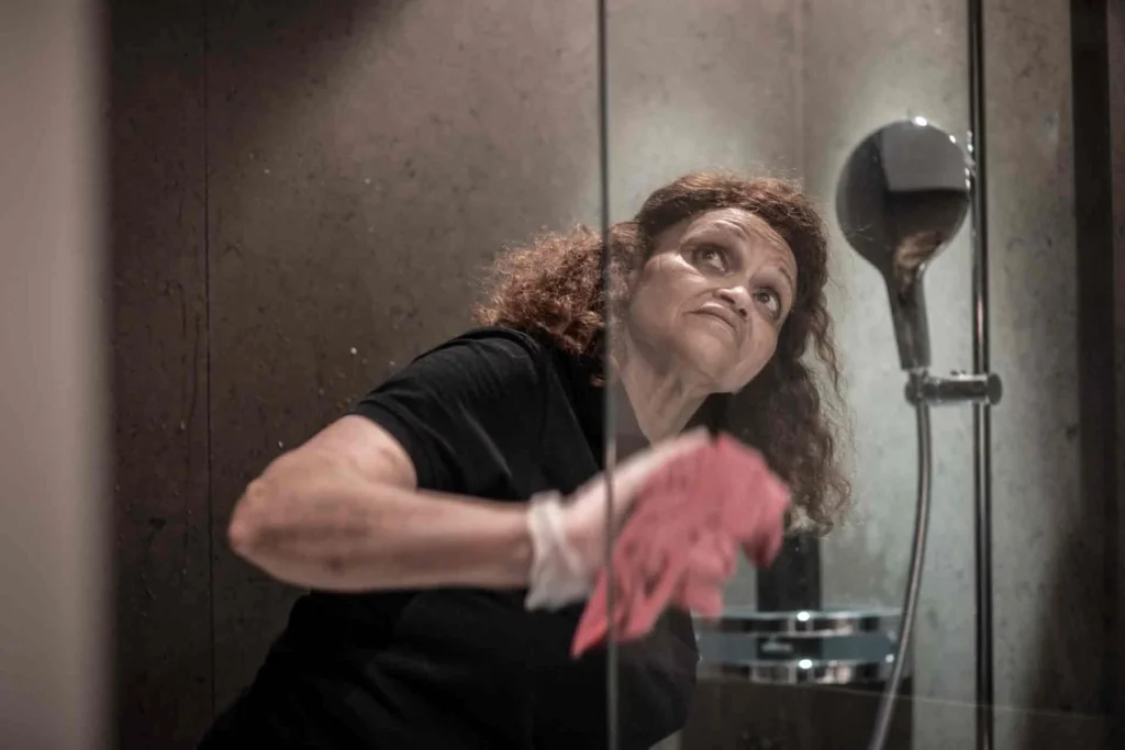 Porträt von Claudete beim Reinigen einer Duschkabine