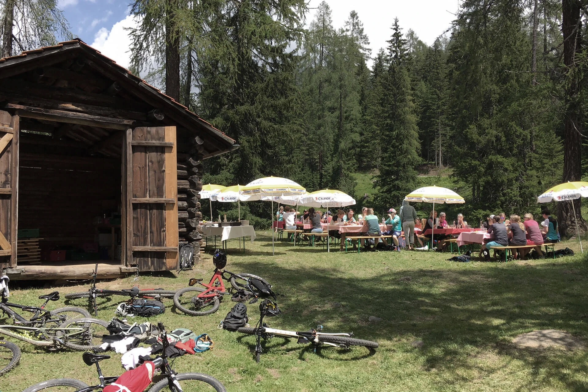 Bikes vor einer Waldhütte, dahinter Gäste an Tischen unter Sonnenschirmen