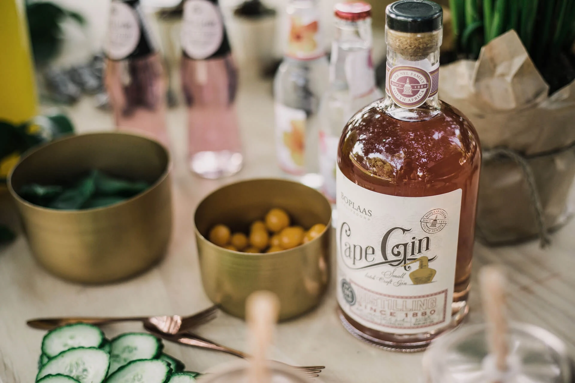 Gin-Flasche mit Oliven, Gurkenscheiben und Kräutern für den Cocktailkurs