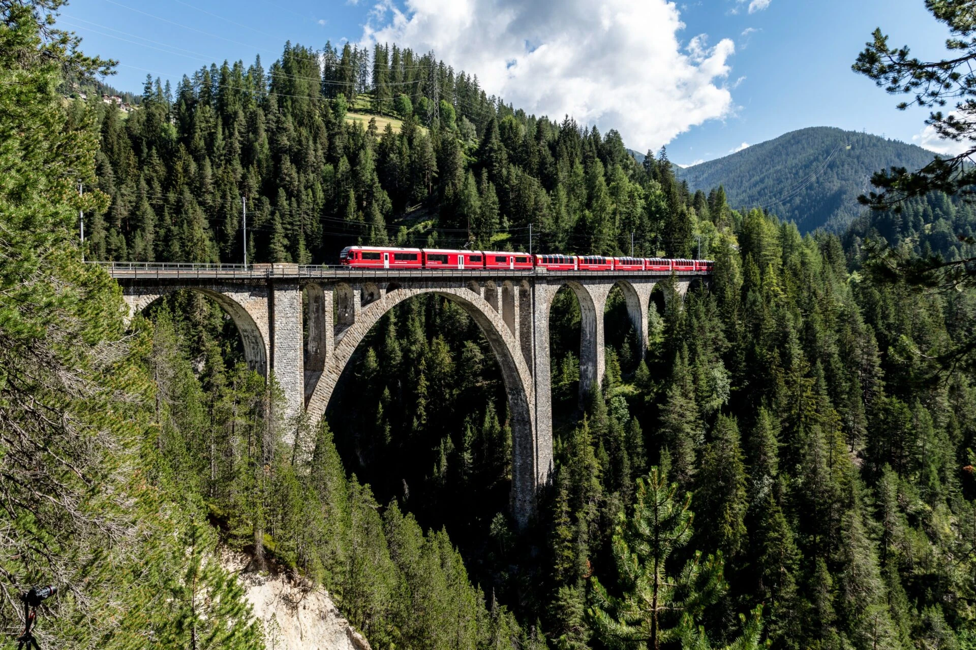 Roter Zug der Rhätischen Bahn auf dem Wiesner Viadukt über dem Wald