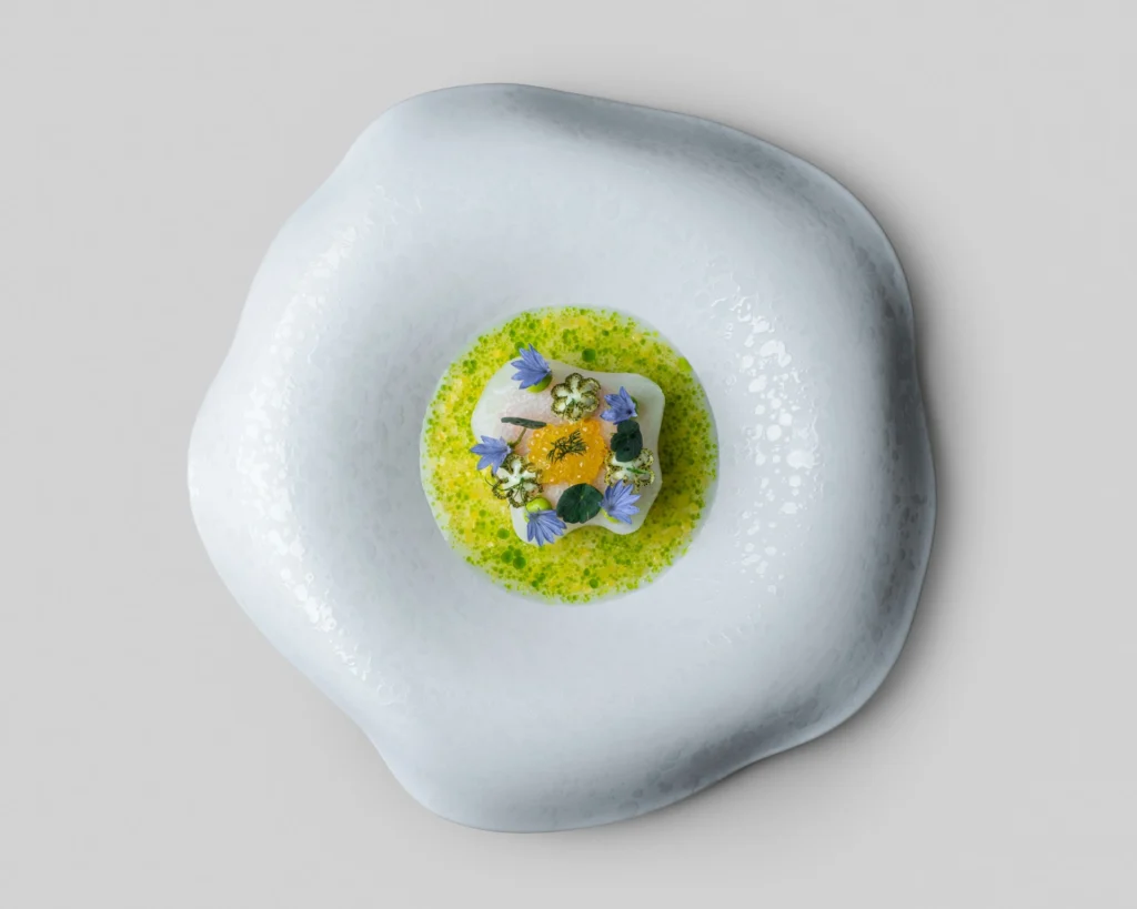Saibling-Ceviche mit geräuchertem Kohlrabi und fermentiertem Tomatensud