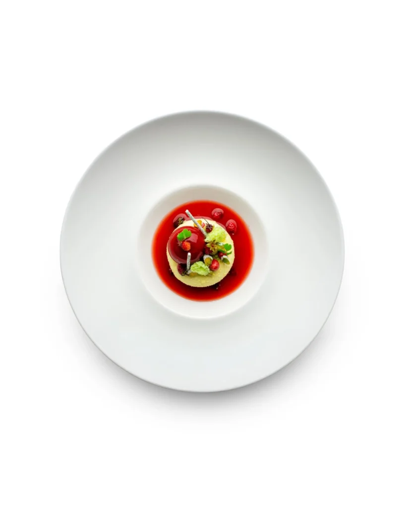 Dessert aus Erdbeere, Rhabarber, Sauerrahm, Pistazie und Tonkabohne